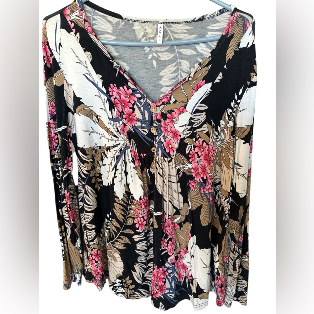 CATHY - Floral V-Neck Blouse - Black Tan and Pink with a hint of lavender
